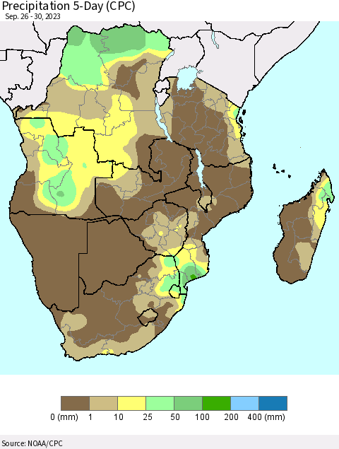 Southern Africa Precipitation 5-Day (CPC) Thematic Map For 9/26/2023 - 9/30/2023