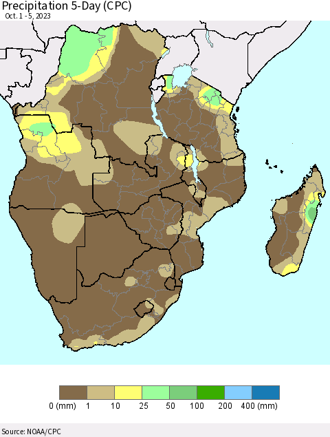 Southern Africa Precipitation 5-Day (CPC) Thematic Map For 10/1/2023 - 10/5/2023