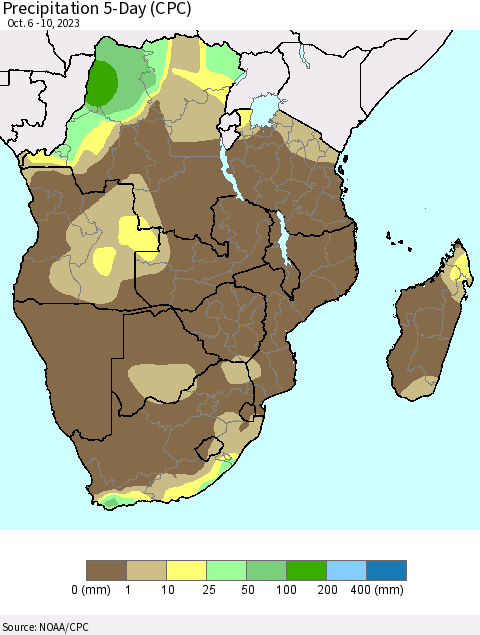 Southern Africa Precipitation 5-Day (CPC) Thematic Map For 10/6/2023 - 10/10/2023