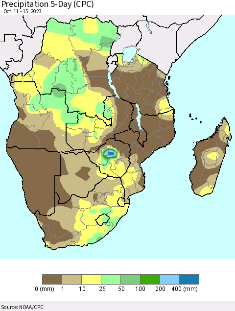 Southern Africa Precipitation 5-Day (CPC) Thematic Map For 10/11/2023 - 10/15/2023