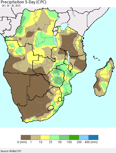 Southern Africa Precipitation 5-Day (CPC) Thematic Map For 10/16/2023 - 10/20/2023