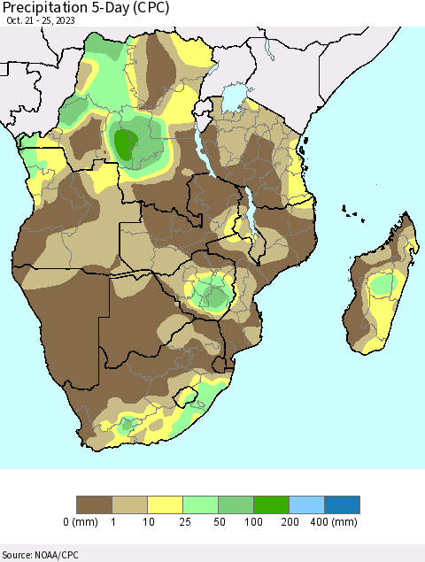 Southern Africa Precipitation 5-Day (CPC) Thematic Map For 10/21/2023 - 10/25/2023