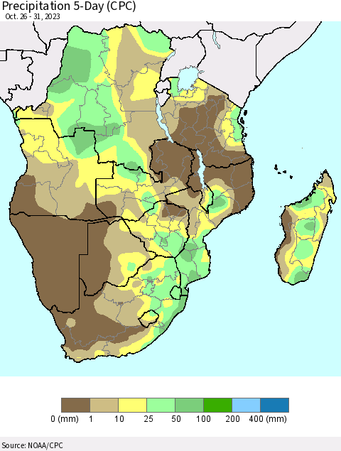 Southern Africa Precipitation 5-Day (CPC) Thematic Map For 10/26/2023 - 10/31/2023