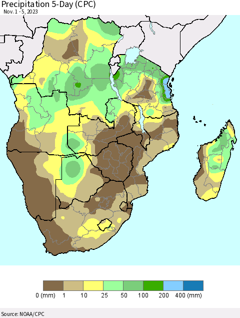 Southern Africa Precipitation 5-Day (CPC) Thematic Map For 11/1/2023 - 11/5/2023