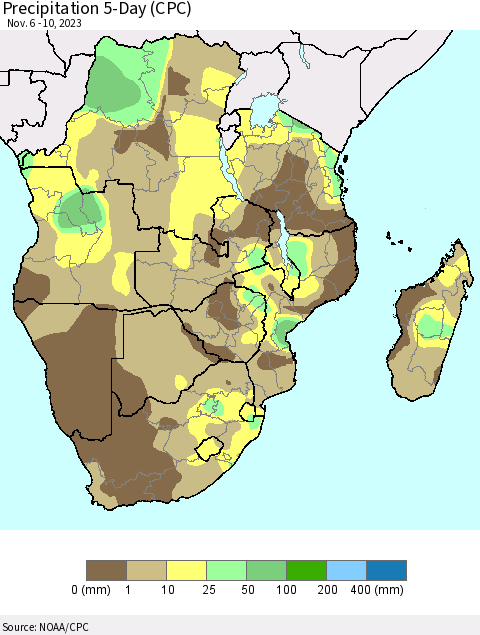 Southern Africa Precipitation 5-Day (CPC) Thematic Map For 11/6/2023 - 11/10/2023