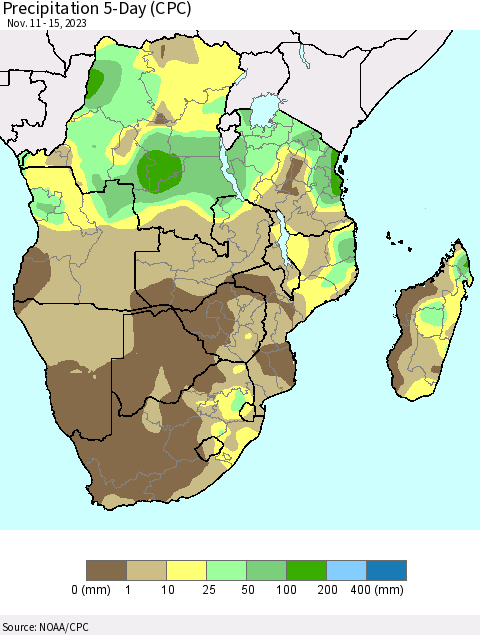 Southern Africa Precipitation 5-Day (CPC) Thematic Map For 11/11/2023 - 11/15/2023