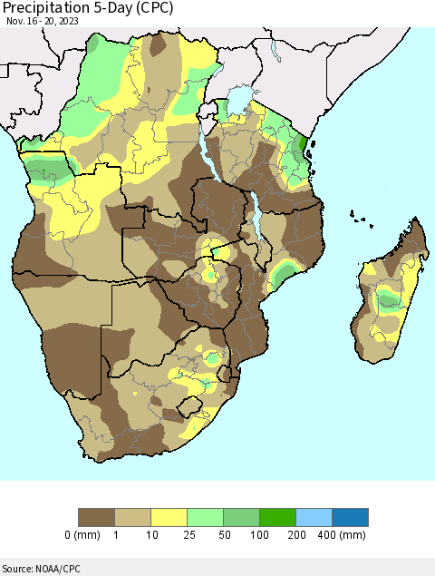 Southern Africa Precipitation 5-Day (CPC) Thematic Map For 11/16/2023 - 11/20/2023