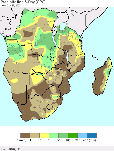 Southern Africa Precipitation 5-Day (CPC) Thematic Map For 11/21/2023 - 11/25/2023