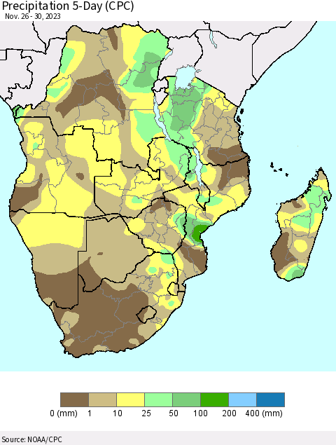 Southern Africa Precipitation 5-Day (CPC) Thematic Map For 11/26/2023 - 11/30/2023