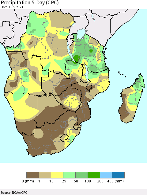 Southern Africa Precipitation 5-Day (CPC) Thematic Map For 12/1/2023 - 12/5/2023