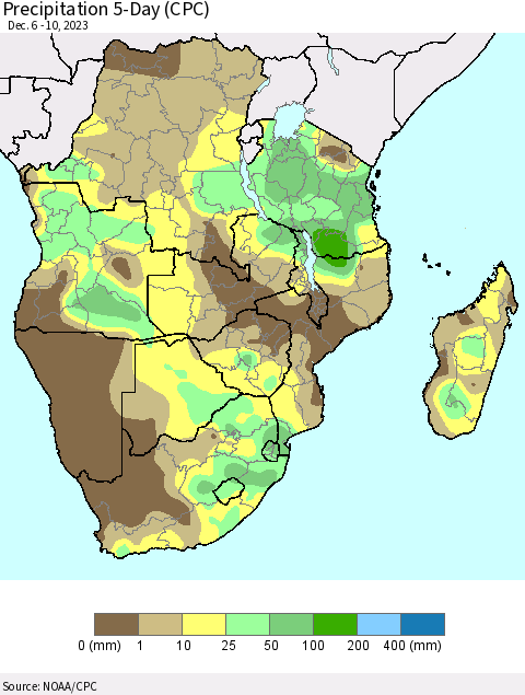 Southern Africa Precipitation 5-Day (CPC) Thematic Map For 12/6/2023 - 12/10/2023