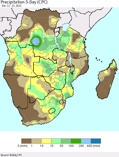 Southern Africa Precipitation 5-Day (CPC) Thematic Map For 12/11/2023 - 12/15/2023
