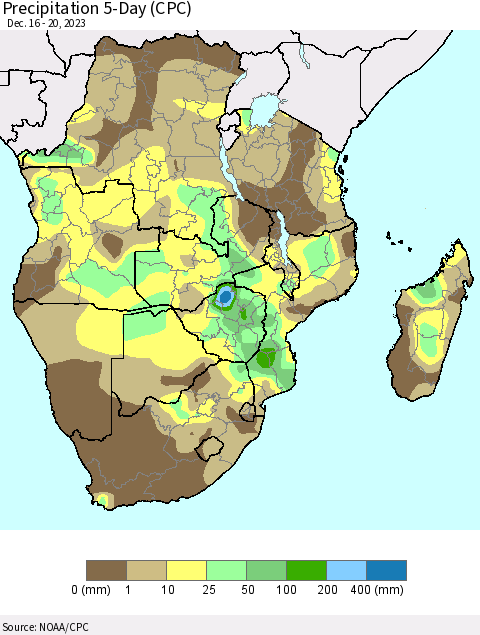Southern Africa Precipitation 5-Day (CPC) Thematic Map For 12/16/2023 - 12/20/2023