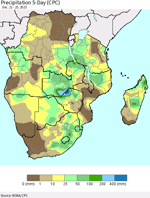 Southern Africa Precipitation 5-Day (CPC) Thematic Map For 12/21/2023 - 12/25/2023