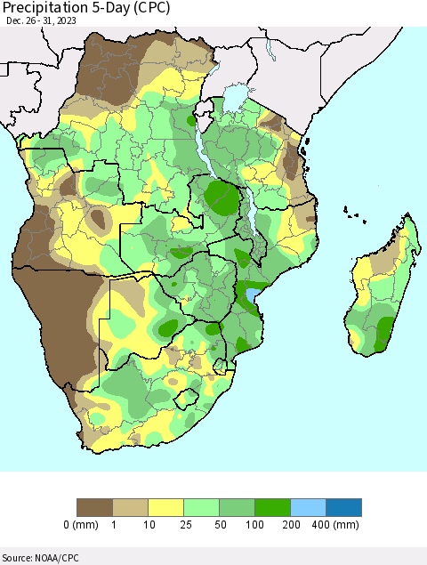 Southern Africa Precipitation 5-Day (CPC) Thematic Map For 12/26/2023 - 12/31/2023