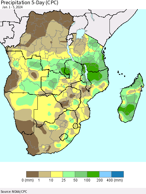 Southern Africa Precipitation 5-Day (CPC) Thematic Map For 1/1/2024 - 1/5/2024