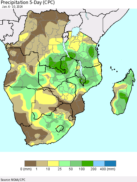 Southern Africa Precipitation 5-Day (CPC) Thematic Map For 1/6/2024 - 1/10/2024