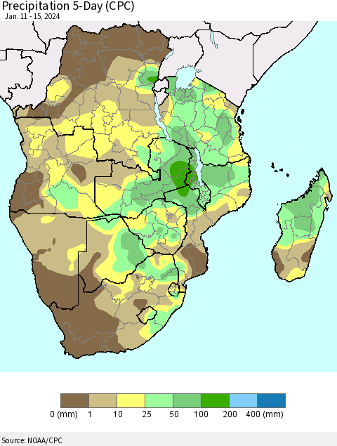 Southern Africa Precipitation 5-Day (CPC) Thematic Map For 1/11/2024 - 1/15/2024