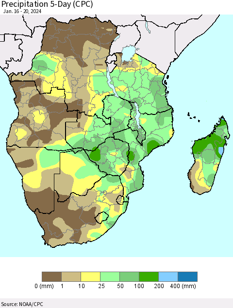 Southern Africa Precipitation 5-Day (CPC) Thematic Map For 1/16/2024 - 1/20/2024
