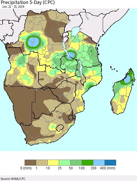 Southern Africa Precipitation 5-Day (CPC) Thematic Map For 1/21/2024 - 1/25/2024