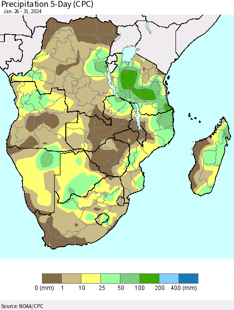 Southern Africa Precipitation 5-Day (CPC) Thematic Map For 1/26/2024 - 1/31/2024
