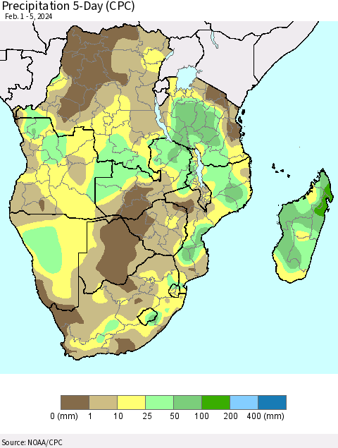 Southern Africa Precipitation 5-Day (CPC) Thematic Map For 2/1/2024 - 2/5/2024