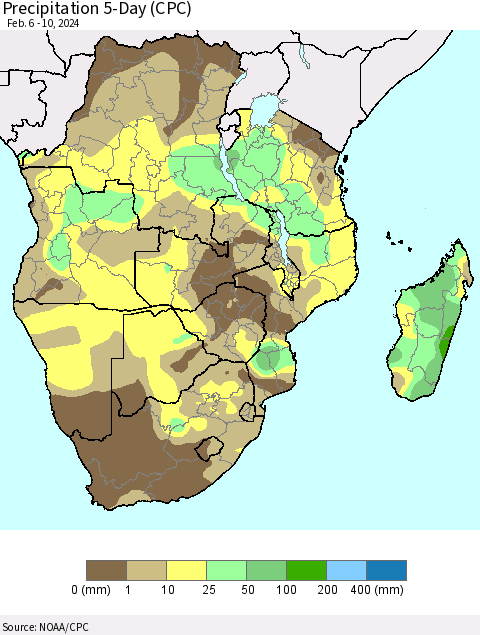 Southern Africa Precipitation 5-Day (CPC) Thematic Map For 2/6/2024 - 2/10/2024