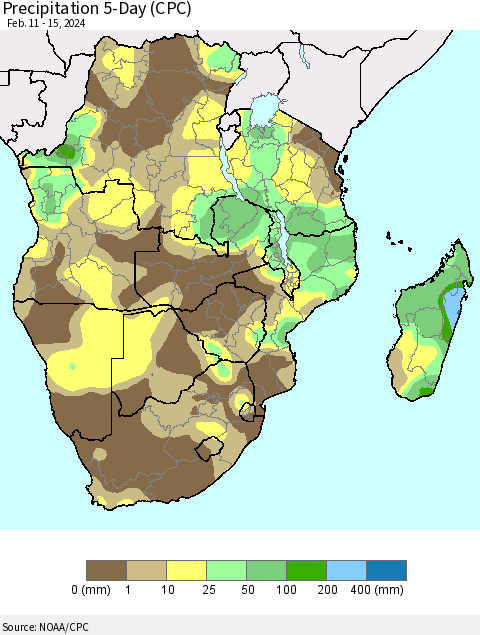 Southern Africa Precipitation 5-Day (CPC) Thematic Map For 2/11/2024 - 2/15/2024
