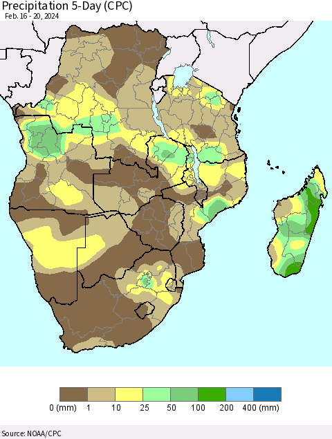 Southern Africa Precipitation 5-Day (CPC) Thematic Map For 2/16/2024 - 2/20/2024