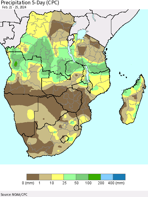 Southern Africa Precipitation 5-Day (CPC) Thematic Map For 2/21/2024 - 2/25/2024