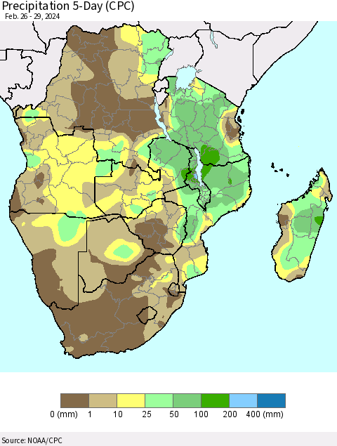 Southern Africa Precipitation 5-Day (CPC) Thematic Map For 2/26/2024 - 2/29/2024