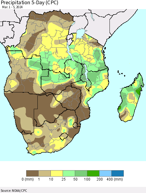 Southern Africa Precipitation 5-Day (CPC) Thematic Map For 3/1/2024 - 3/5/2024