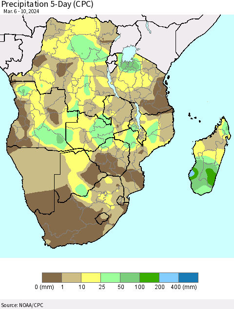 Southern Africa Precipitation 5-Day (CPC) Thematic Map For 3/6/2024 - 3/10/2024