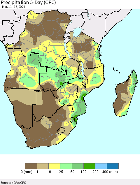 Southern Africa Precipitation 5-Day (CPC) Thematic Map For 3/11/2024 - 3/15/2024