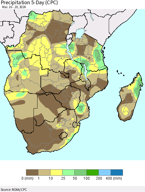 Southern Africa Precipitation 5-Day (CPC) Thematic Map For 3/16/2024 - 3/20/2024