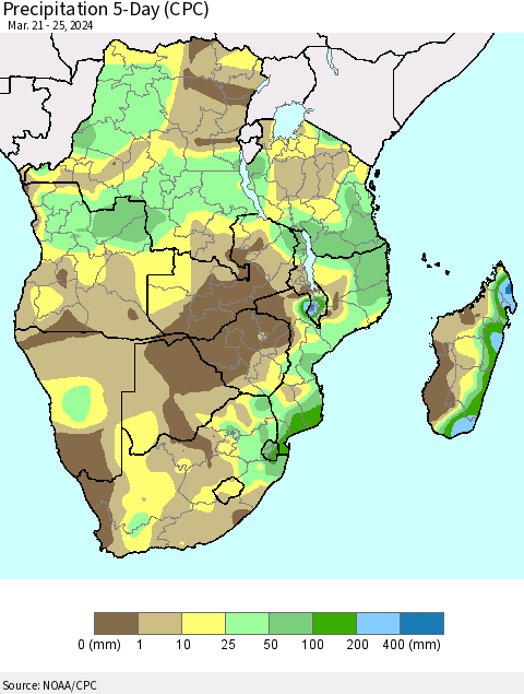 Southern Africa Precipitation 5-Day (CPC) Thematic Map For 3/21/2024 - 3/25/2024