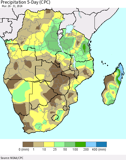 Southern Africa Precipitation 5-Day (CPC) Thematic Map For 3/26/2024 - 3/31/2024