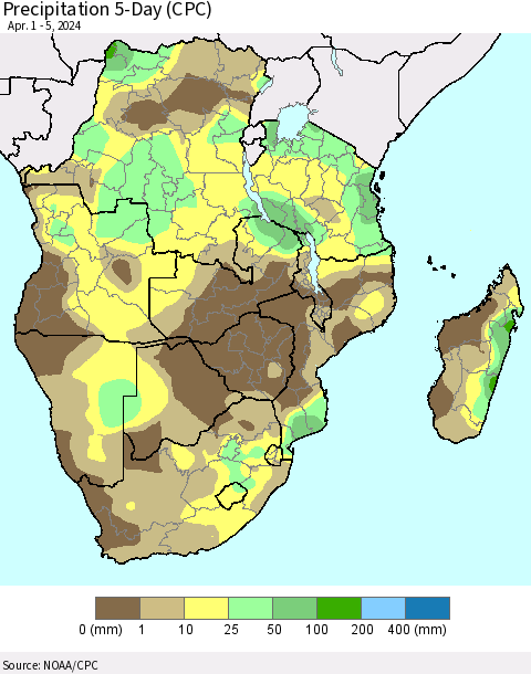 Southern Africa Precipitation 5-Day (CPC) Thematic Map For 4/1/2024 - 4/5/2024