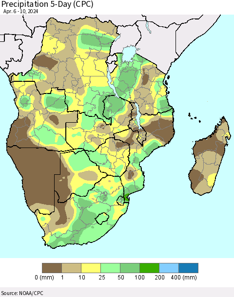 Southern Africa Precipitation 5-Day (CPC) Thematic Map For 4/6/2024 - 4/10/2024
