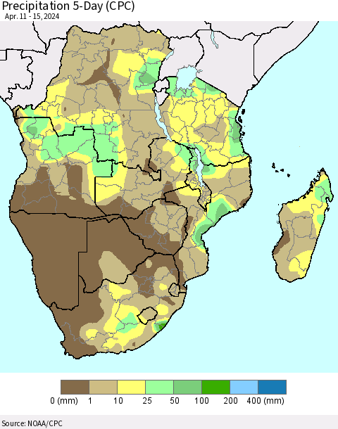 Southern Africa Precipitation 5-Day (CPC) Thematic Map For 4/11/2024 - 4/15/2024