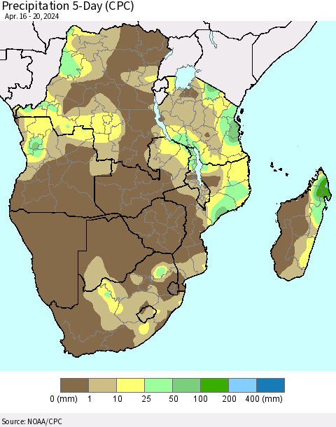 Southern Africa Precipitation 5-Day (CPC) Thematic Map For 4/16/2024 - 4/20/2024