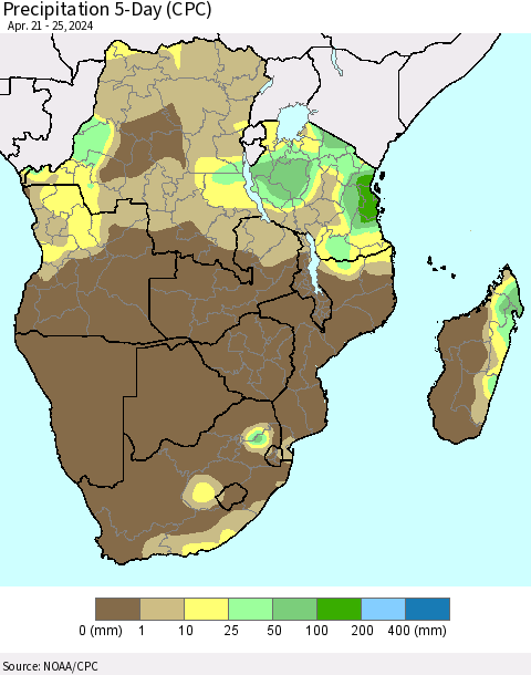 Southern Africa Precipitation 5-Day (CPC) Thematic Map For 4/21/2024 - 4/25/2024