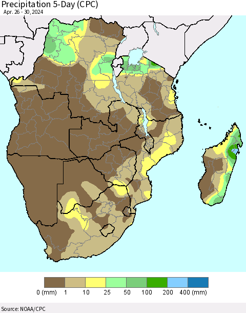 Southern Africa Precipitation 5-Day (CPC) Thematic Map For 4/26/2024 - 4/30/2024