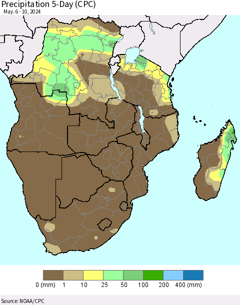 Southern Africa Precipitation 5-Day (CPC) Thematic Map For 5/6/2024 - 5/10/2024