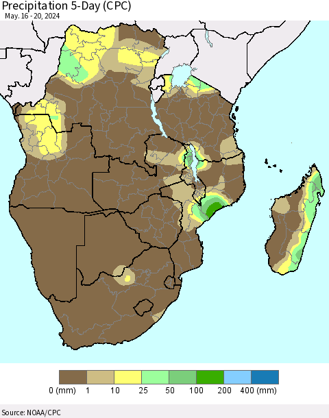 Southern Africa Precipitation 5-Day (CPC) Thematic Map For 5/16/2024 - 5/20/2024