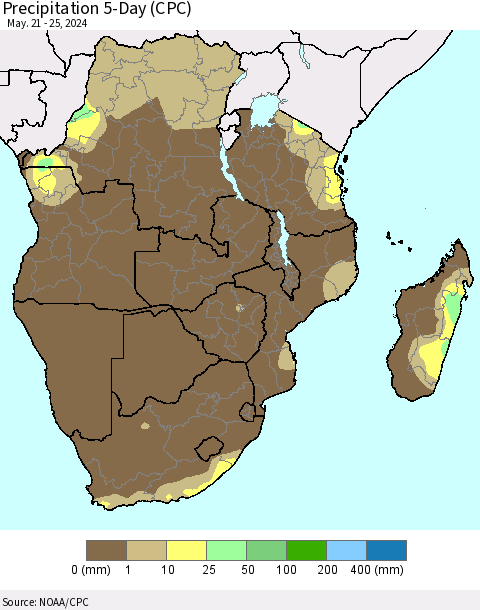 Southern Africa Precipitation 5-Day (CPC) Thematic Map For 5/21/2024 - 5/25/2024
