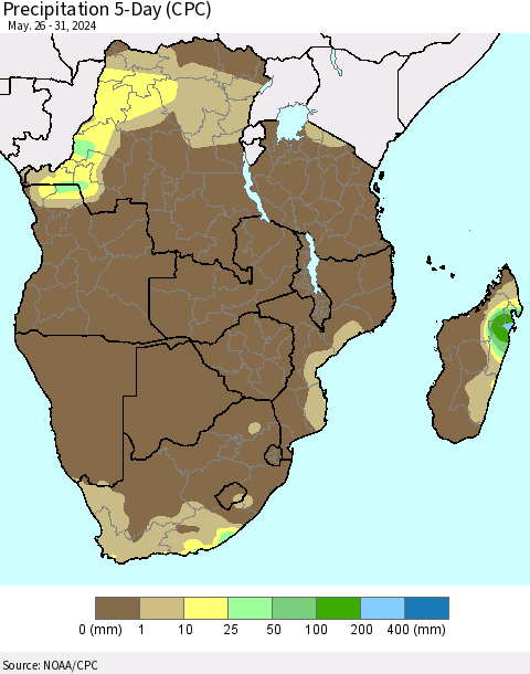 Southern Africa Precipitation 5-Day (CPC) Thematic Map For 5/26/2024 - 5/31/2024