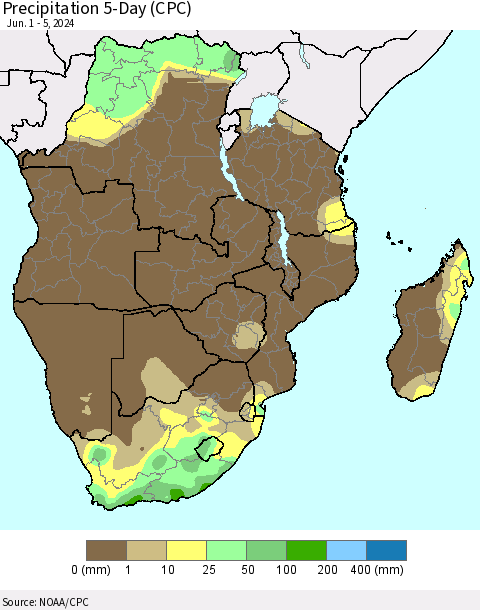 Southern Africa Precipitation 5-Day (CPC) Thematic Map For 6/1/2024 - 6/5/2024