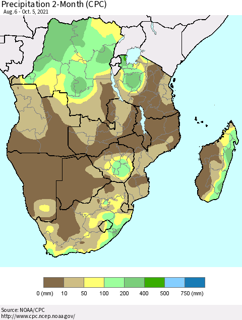 Southern Africa Precipitation 2-Month (CPC) Thematic Map For 8/6/2021 - 10/5/2021