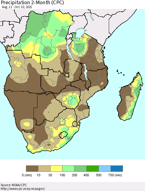 Southern Africa Precipitation 2-Month (CPC) Thematic Map For 8/11/2021 - 10/10/2021